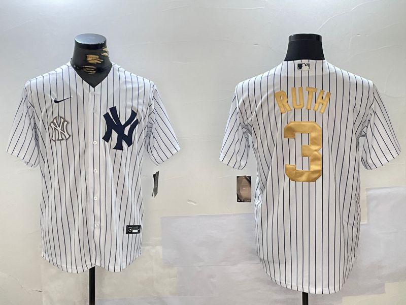 Men New York Yankees #3 Ruth White Stripe Fashion Nike 2024 MLB Jersey style 16